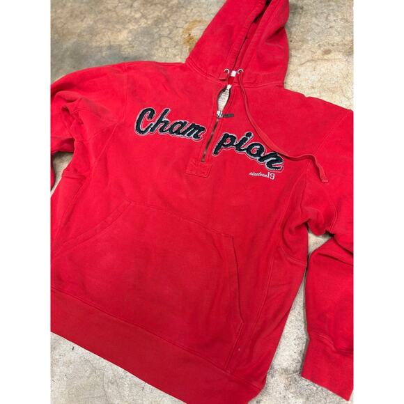 Vintage Champion Reverse Weave Half-Zip Red Hoodie Chain-Stitched Script Logo M - Picture 13 of 14